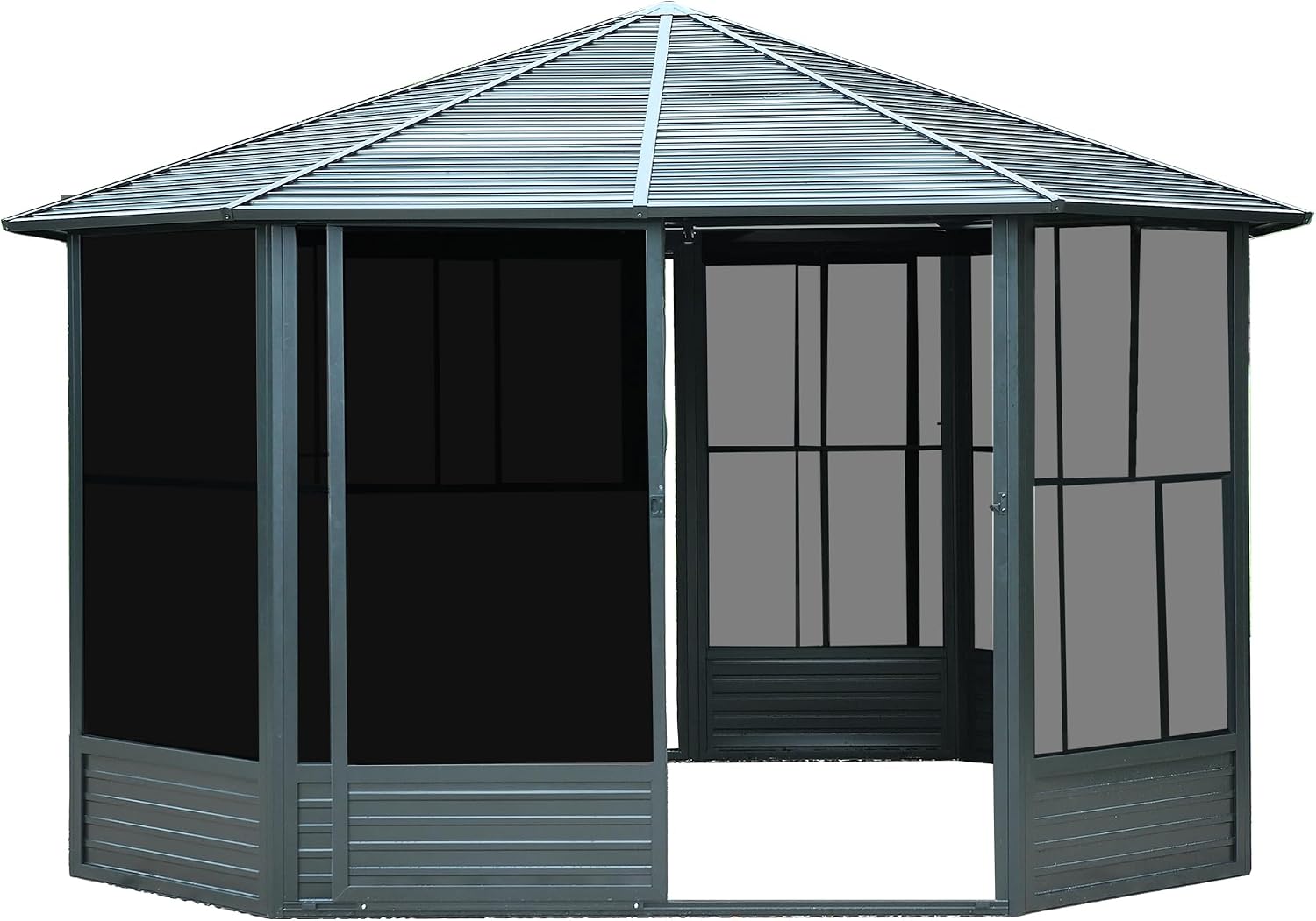 12x12 FT Octagonal Sunroom Solarium with Lockable Sliding Door & Moveable PE Screens | Dark Gray Aluminum Frame & Galvanized Steel Roof | Outdoor Screen House for Backyard, Patio, Garden