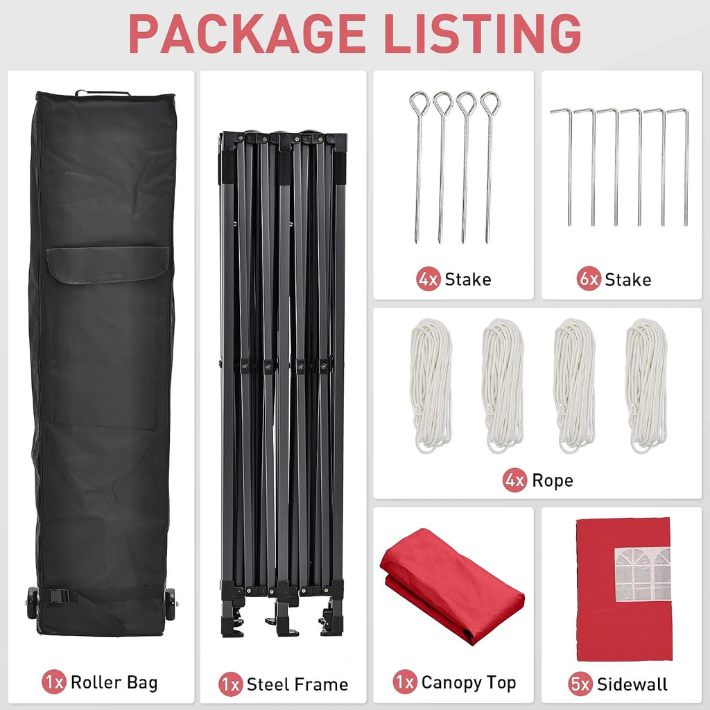 Outdoor Basic 10' x 20' Pop up Canopy Tent, Instant Heavy Duty Gazebo Tent with 6 Sidewalls/Wheeled Bag for Party Commercial Activity (Red, with 6 Sidewall)