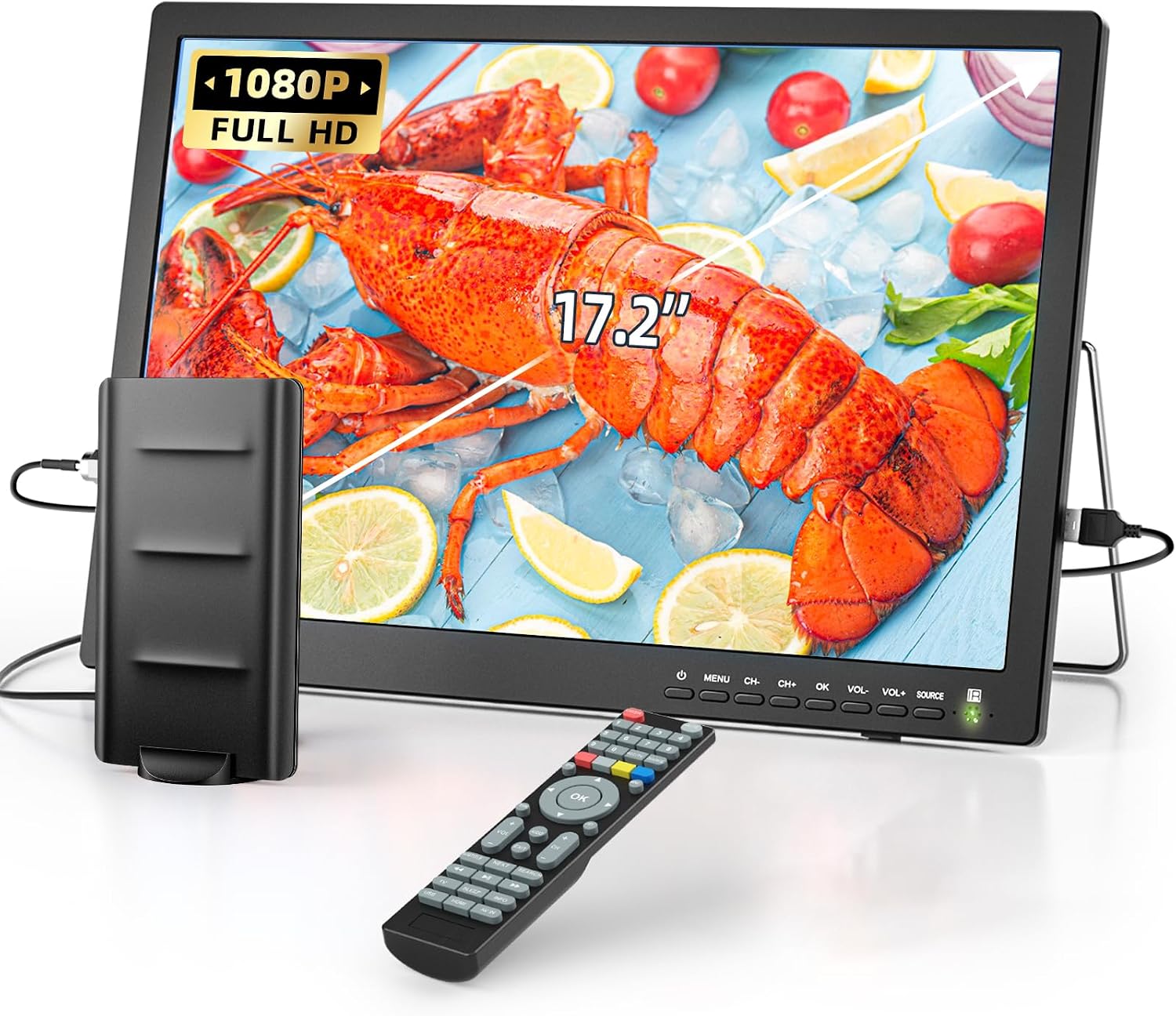NORTHING 17.2' 1080P Portable TV for Camping, 7000mAh Rechargeable Small TV for Bedroom Kitchen RV, Flat Screen Television Supports Antenna HDMI USB AV Input, Built-in 180°Adjustable Stand