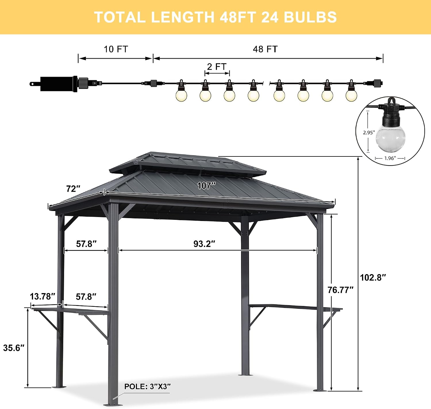 PURPLE LEAF 6' X 9' Hardtop Grill Gazebo for Patio Aluminum Barbeque Canopy with 24 Clear Light Bulbs and Shelves Double Tiered Grey Outdoor BBQ Gazebo