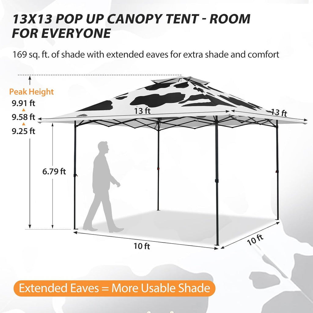 EAGLE PEAK 13x13 Straight Leg Pop Up Canopy Tent Instant Outdoor Canopy Easy Single Person Set up Folding Shelter w/Auto Extending Eaves 169 Square Feet of Shade (Cow Print)