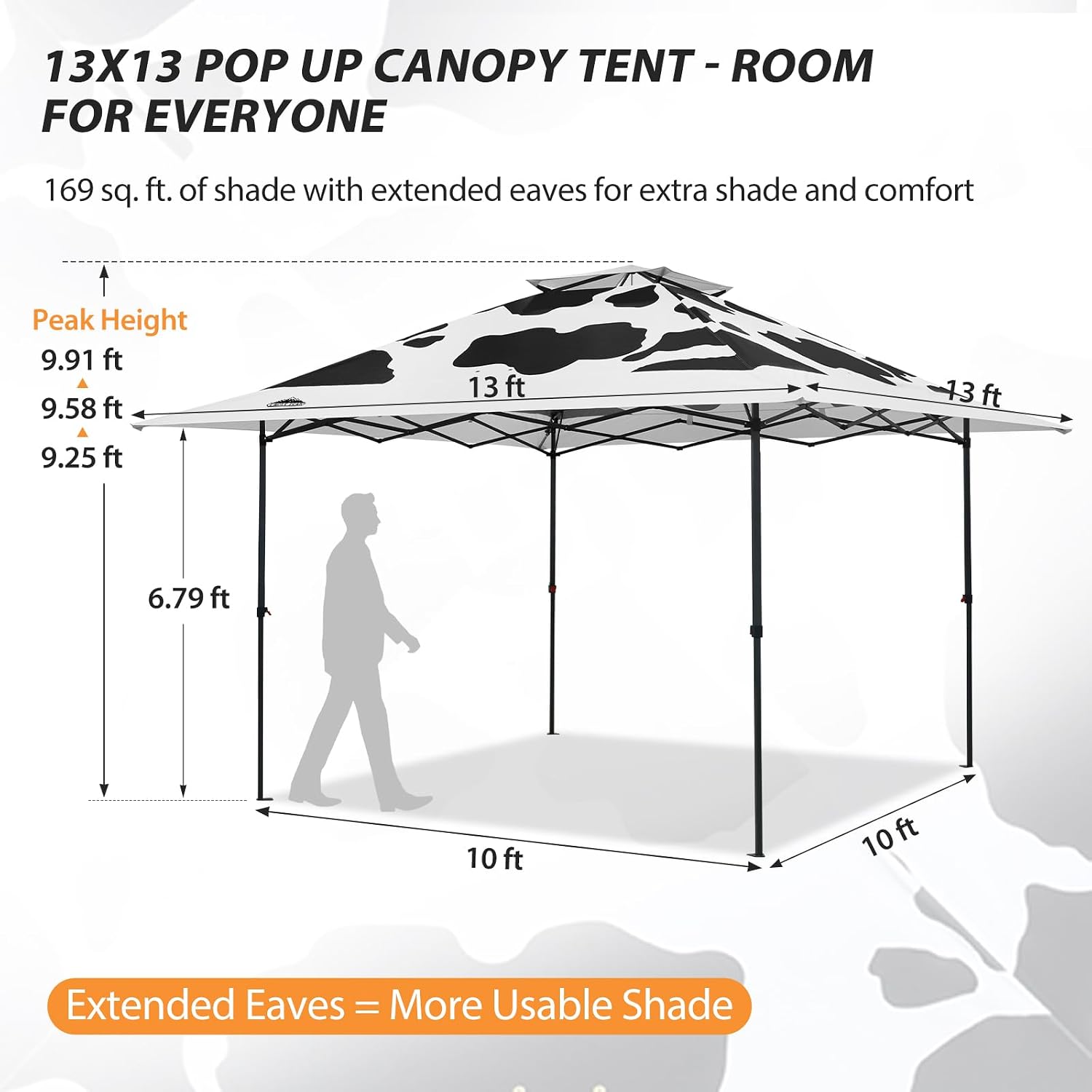 EAGLE PEAK 13x13 Straight Leg Pop Up Canopy Tent Instant Outdoor Canopy Easy Single Person Set up Folding Shelter w/Auto Extending Eaves 169 Square Feet of Shade (Cow Print)