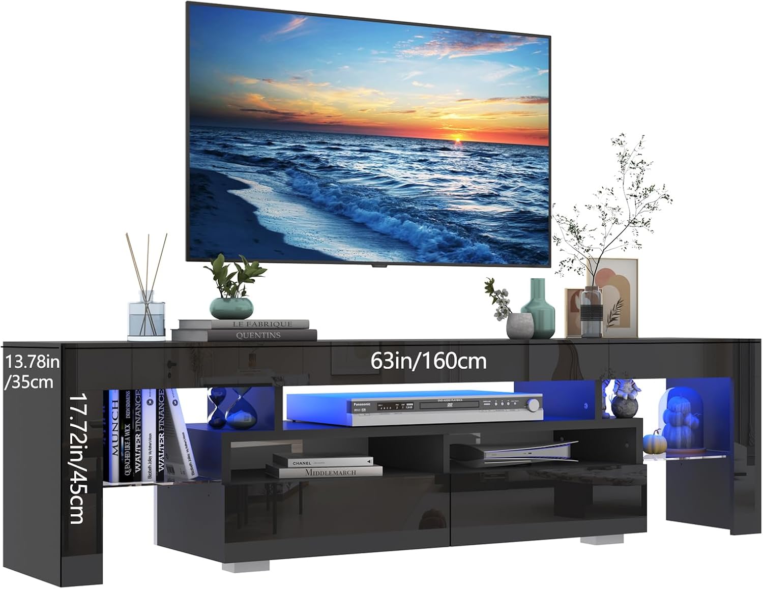 Vinctik 6&Fox Black TV Stand for 55/60/65inch TV,Modern Entertainment Center with 2 Storage Drawers and LED Light, High Glossy TV Console Table Media Furniture(63inch Black)