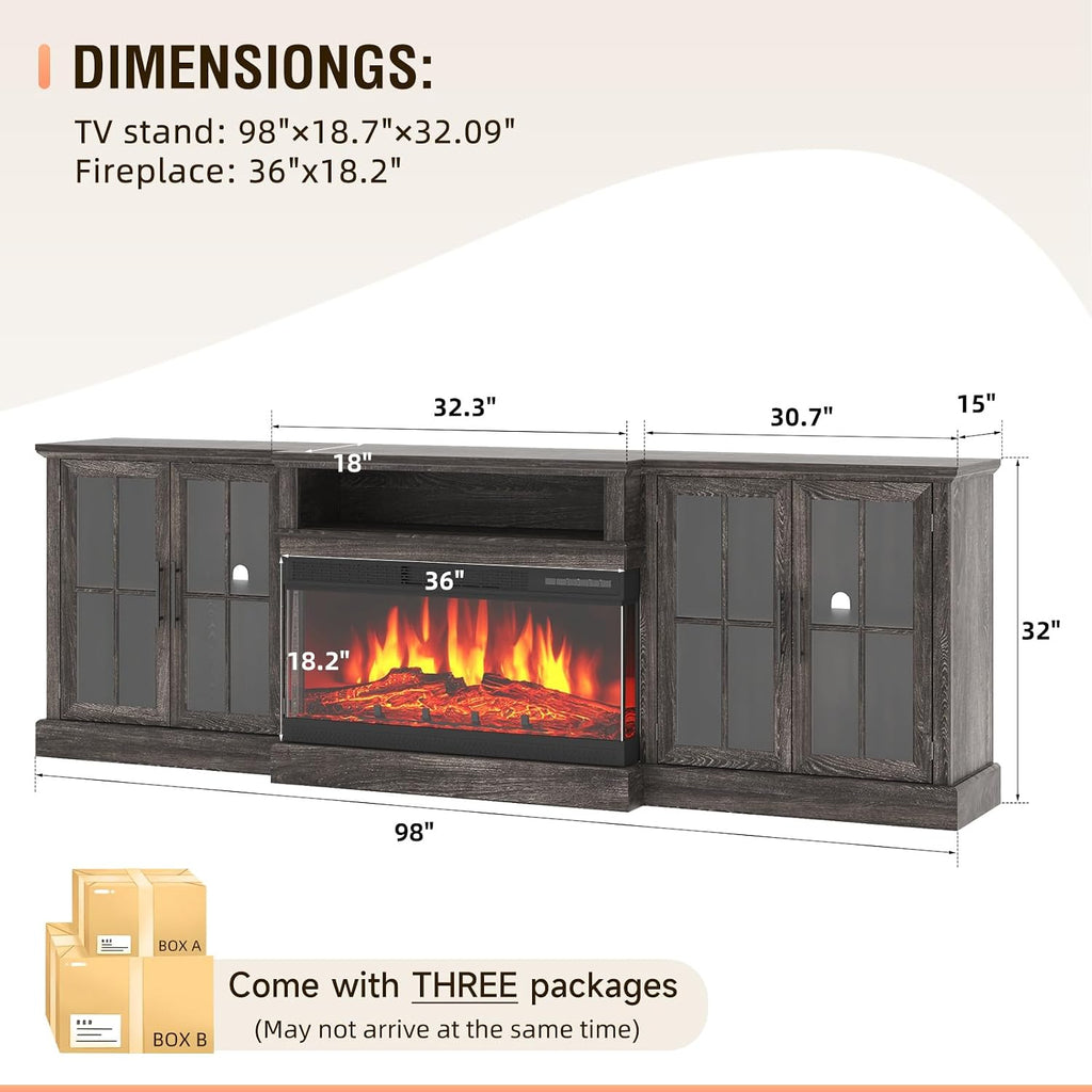 98' Farmhouse TV Stand with 36' Fireplace for TVs up to 100', Media Entertainment Center with Adjustable Shelves and Large Storage Cabinets, for Living Room, Gray & Black