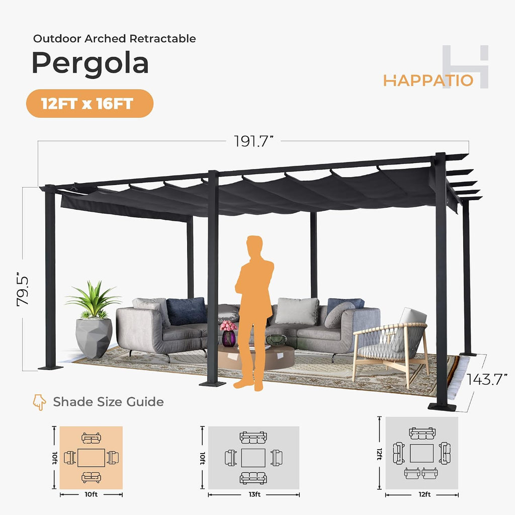 HAPPATIO 12' X 16' Outdoor Pergola Retractable Pergola Canopy for Deck, Backyard, Patio, Aluminum Frame with Sun Canopy, Includes Ground Studs and Expansion Screws (Grey)