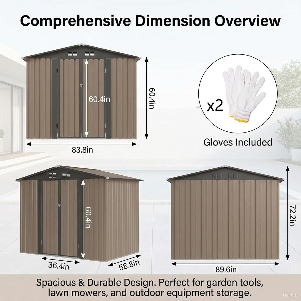 8x6 FT Outdoor Storage Shed, Galvanized Tool Shed, Metal Garden Shed with Apex Roof & Lockable Door & 2 Gloves, Waterproof Rust-Resistant for Backyard Garden Lawn Patio, Brown