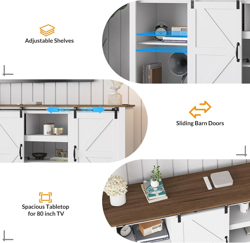 GarveeHome 70' Farmhouse TV Stands for 80-85' TVs, Rustic Wooden Entertainment Center with Adjustable Shelves & Sliding Barn Door, TV Console Table with Open Storage for Home, White+Brown Top