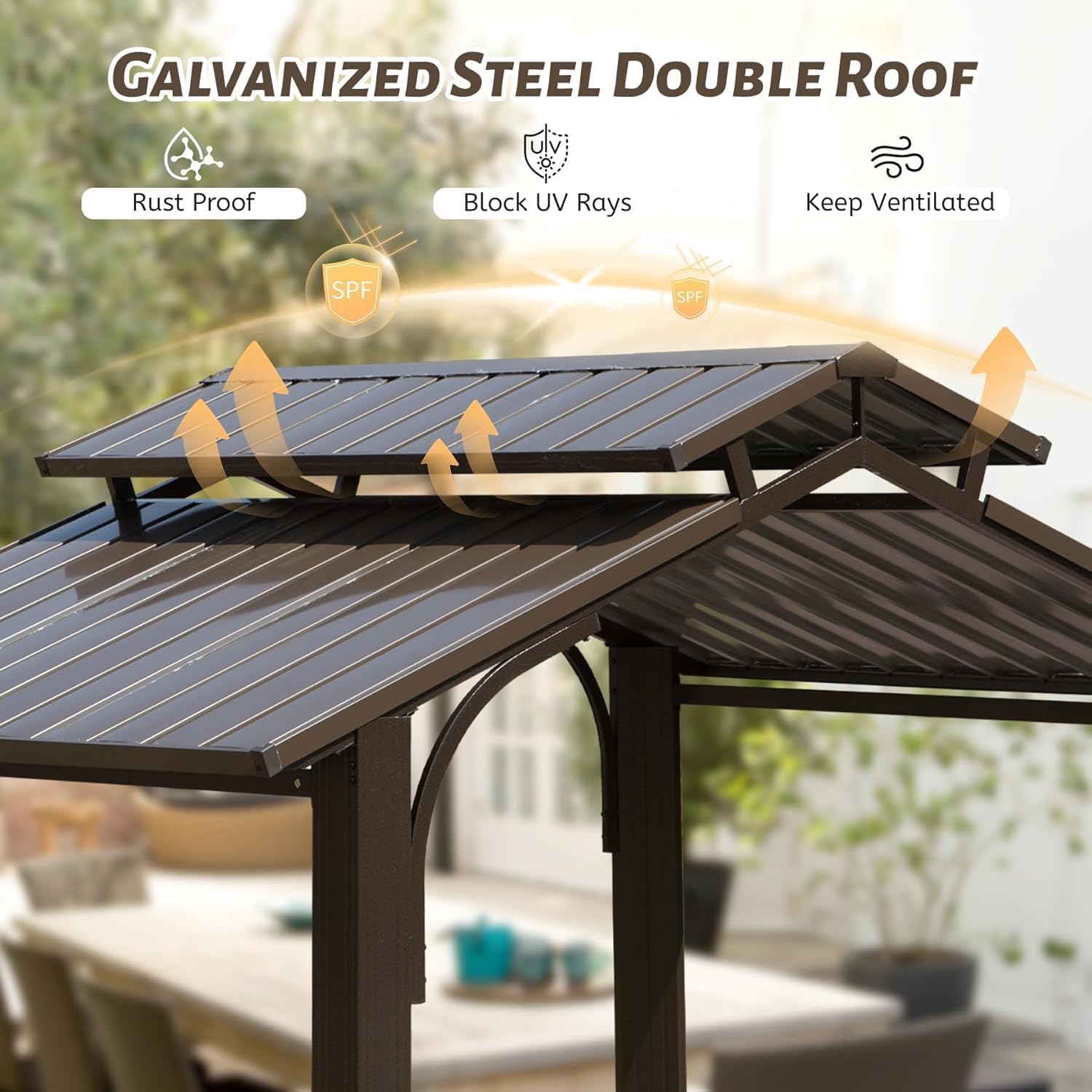8×5FT Hardtop Grill Gazebo: Galvanized Steel Double Roof BBQ Shelter with Side Shelves - Permanent Outdoor Canopy for Patio Deck & Backyard Cooking Areas