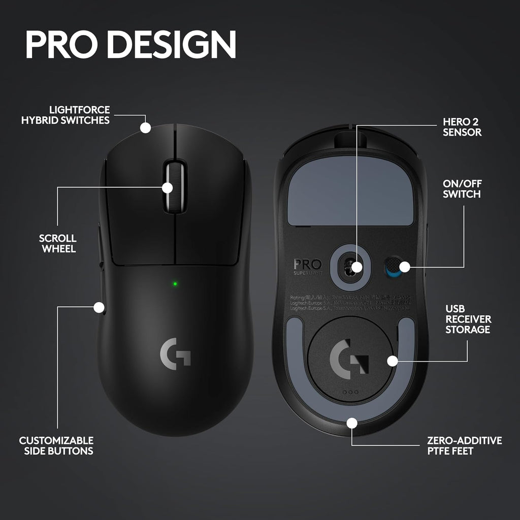 Logitech PRO X Superlight 2 Wireless Gaming Mouse, Black | Ultra-Lightweight, Hero 2 Sensor, 44k DPI, 5 Programmable Buttons, Lightspeed Wireless, PC/Mac | with Signature Series Charging Dock