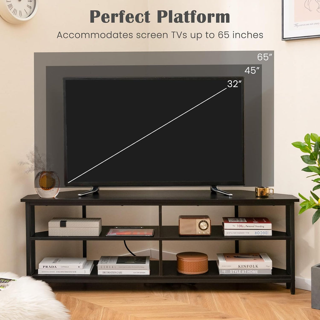 Tangkula Corner TV Stand for TVs up to 65', TV Console Table with 2 AC Outlets, USB A Port, USB C Port, Metal Frame & Storage Shelves, 55' Media Entertainment Center for Living Room