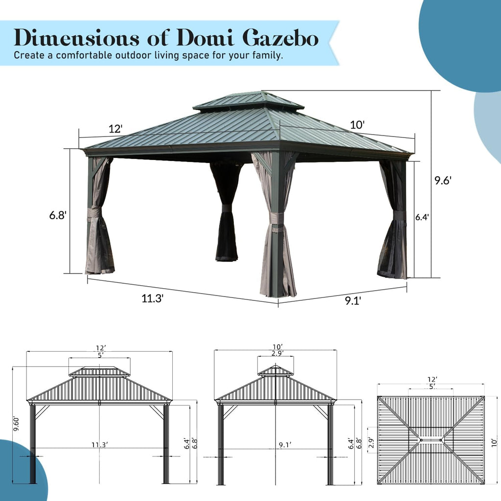 Domi Hardtop Gazebo 10x12FT, Outdoor Gazebo with Galvanized Steel Double Roof, Aluminum Frame, Built-in Gutter System, Curtain and Netting, Metal Gazebo Pavilion for Patio Deck Garden, Grey