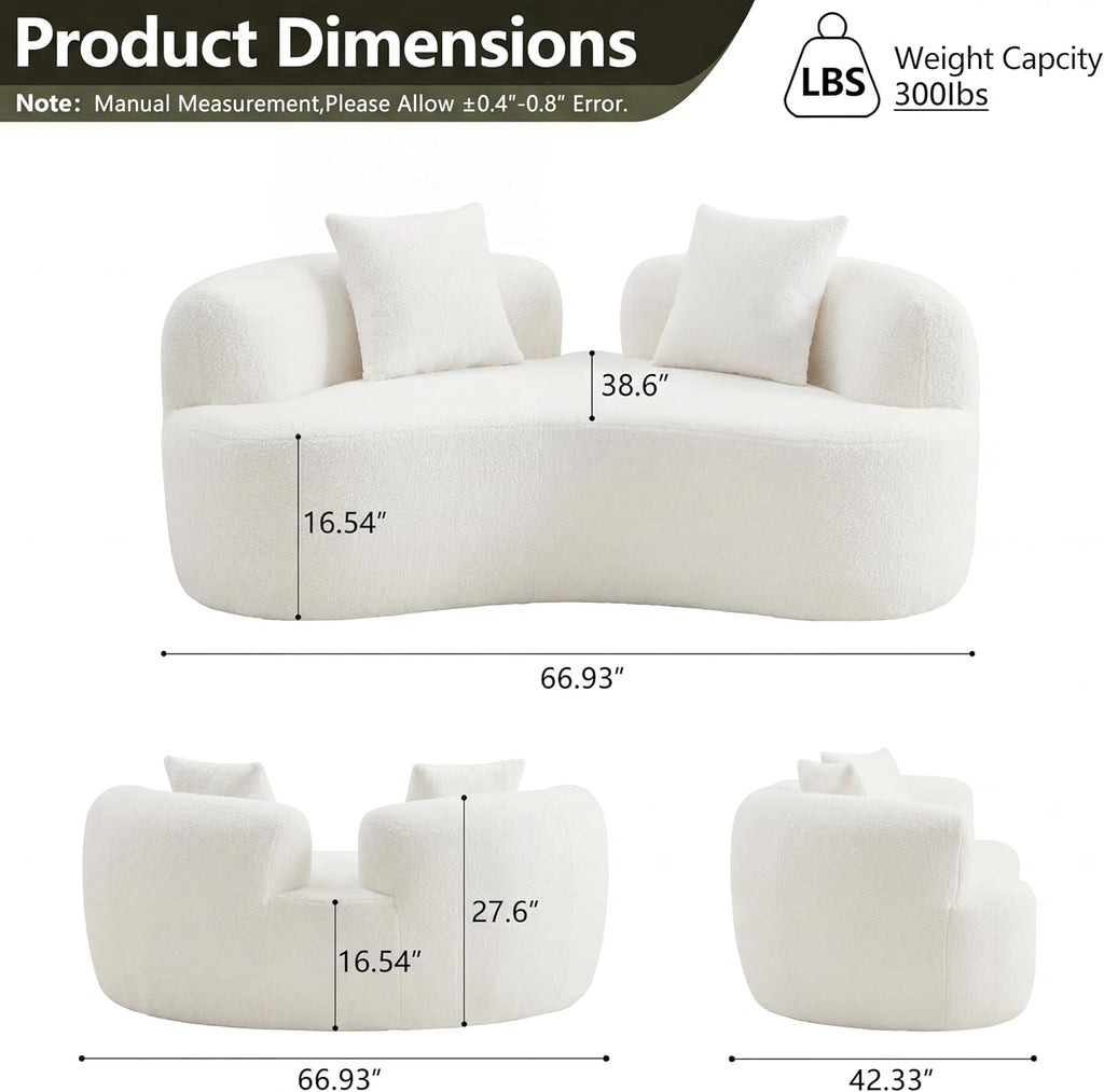 67'Curved Loveseat Sofa for Living Room, Deep Seat Love Seat Couch with 2 Throw Pillows, Modern Loveseat Adopt Teddy Fabric, Suitable Small Spaces The Cloud Loveseat, No Assembly Needed, White