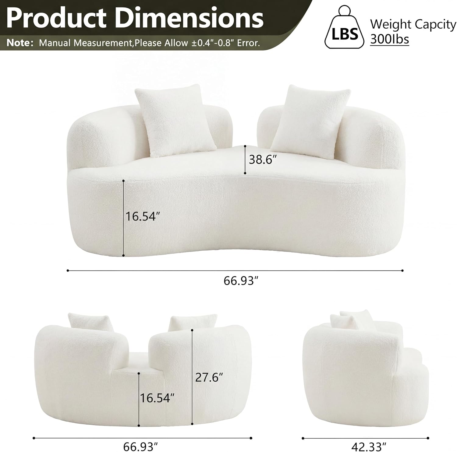 67'Curved Loveseat Sofa for Living Room, Deep Seat Love Seat Couch with 2 Throw Pillows, Modern Loveseat Adopt Teddy Fabric, Suitable Small Spaces The Cloud Loveseat, No Assembly Needed, White
