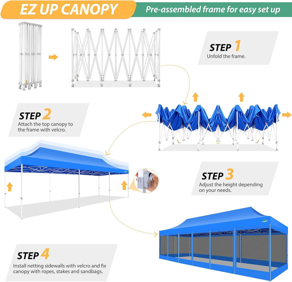 COBIZI 10x30 Pop Up Canopy with Sidewalls, Heavy Duty Canopy with Mosquito Netting, Easy up Screen Party Tents for Parties Backyard Outdoor Commercial Event Gazebo with Roller Bag, Sandbags, Blue