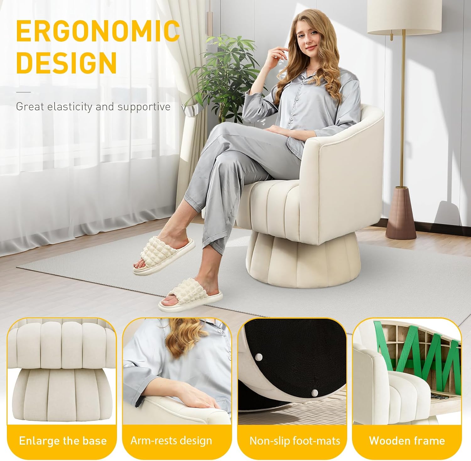 Dewhut Swivel Accent Chair, 360° Swivel Barrel Chair with Armrest, Velvet Upholstered Single Sofa Reading Chair for Living Room,Bedroom,Waiting Room(Beige)
