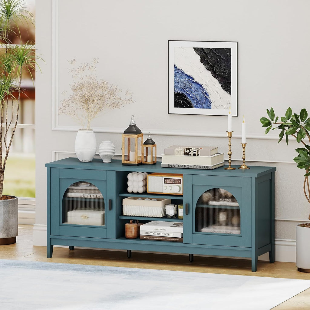 Giantex Farmhouse TV Stand for TVs up to 65', Modern Vintage Entertainment Center w/Storage, Adjustable Shelves, Cable Holes&Glass Doors, Media TV Console Table for Bedroom, Living Room (Teal Blue)