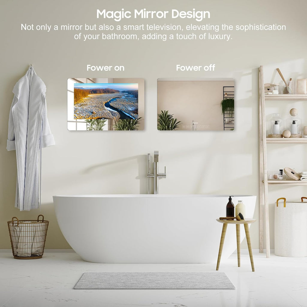 SYLVOX Bathroom TV, 32 inch Smart Mirror TV for Bathroom Shower SPA, Support Google, 1080P IP66 Waterproof Touch Button WiFi Bluetooth Google Assistant, Smart TVs for Indoor Humid Environment