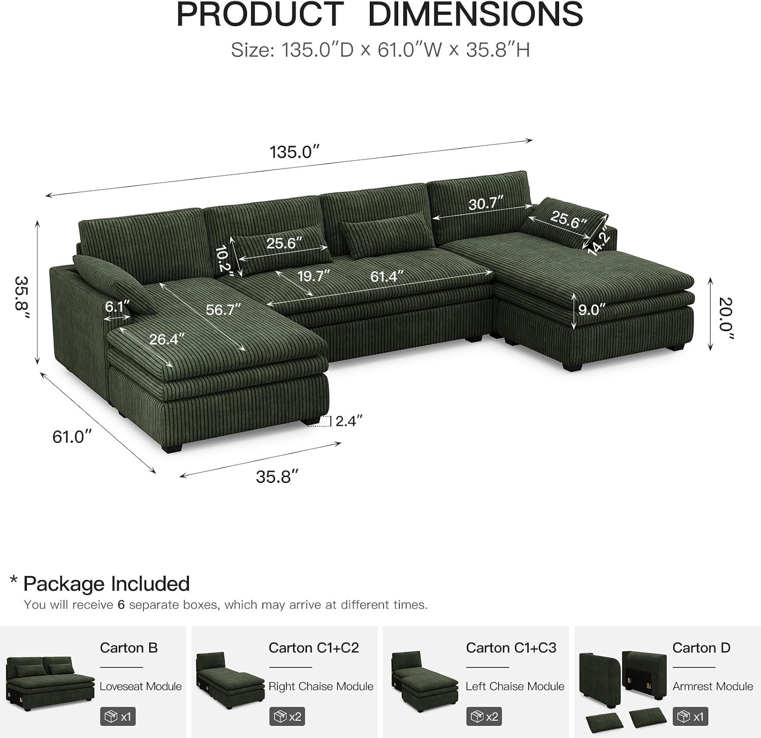 Belffin Large Modular Sectional Sofa with Double Deep Chaise, 135' Corduroy U Shaped Sectional Couch with 9' Soft Dual-Layer 6 Seats U Shaped Couch for Living Room, Apartment, Green