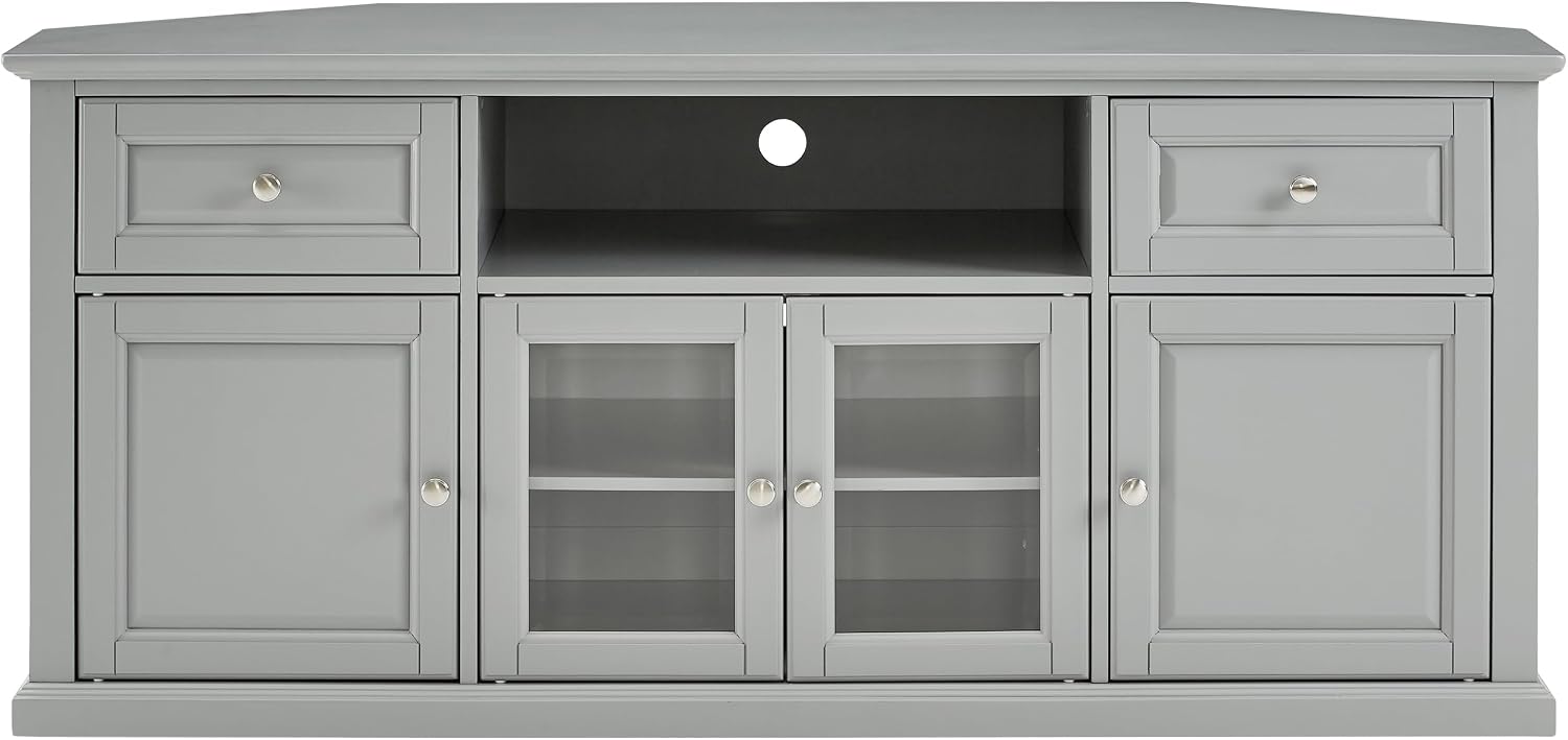 Crosley Furniture Corner TV Stand for 65+ inch TVs, Entertainment Center with Adjustable Storage Shelves, Gray