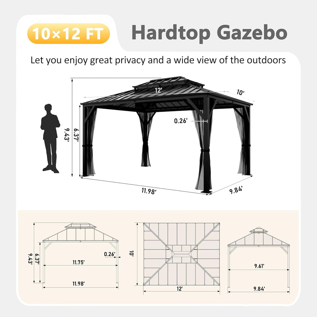 BlueWish 10x12 FT Hardtop Gazebo Canopy with Double Galvanized Steel Roof, Permanent Outdoor Pavilion with Mesh Netting for Patio, Backyard, Garden, Black