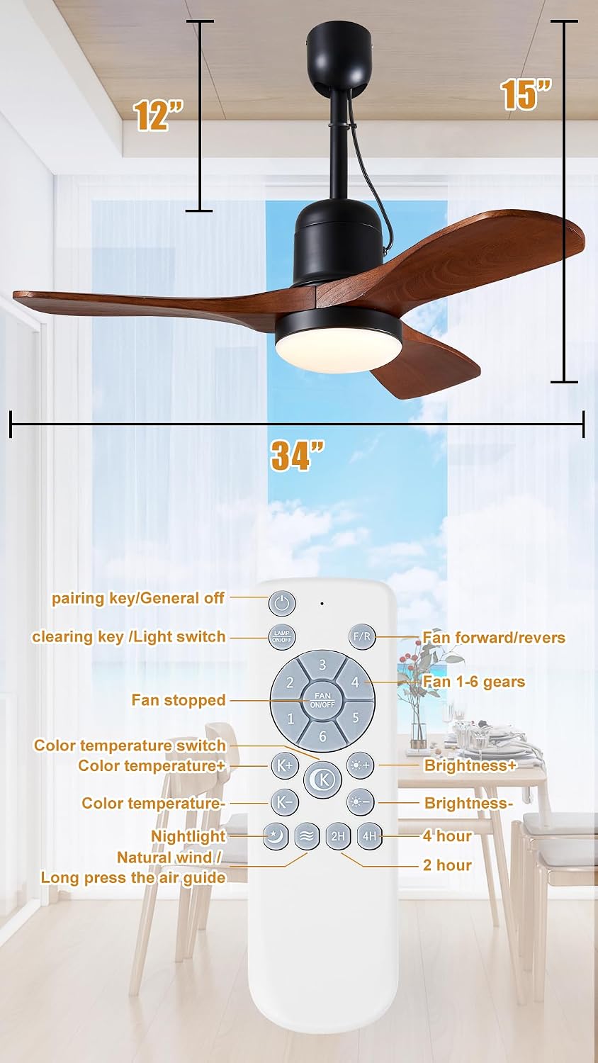 34' Outdoor Ceiling Fan with Light & Remote, Plug-in or Hardwire Gazebo Fan, Waterproof Wet Rated, 3 Walnut Wood Blades, Rustic Farmhouse Hanging Fan for Patio, Porch & Bedroom (Walnut-F235)