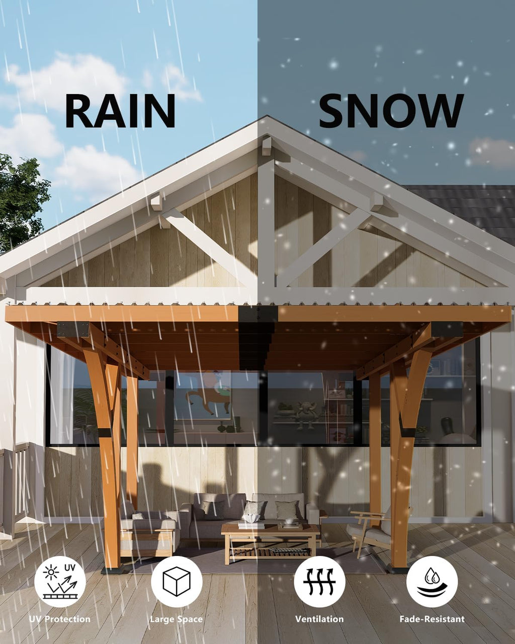 18.3 x 12.6 x 7.7 FT Curved Carport, Wood Outdoor Gazebo Pavilion with Hardtop Sloped Steel Roof, Heavy Duty Waterproof Car Port for Backyard, Patio, Deck and Lawn