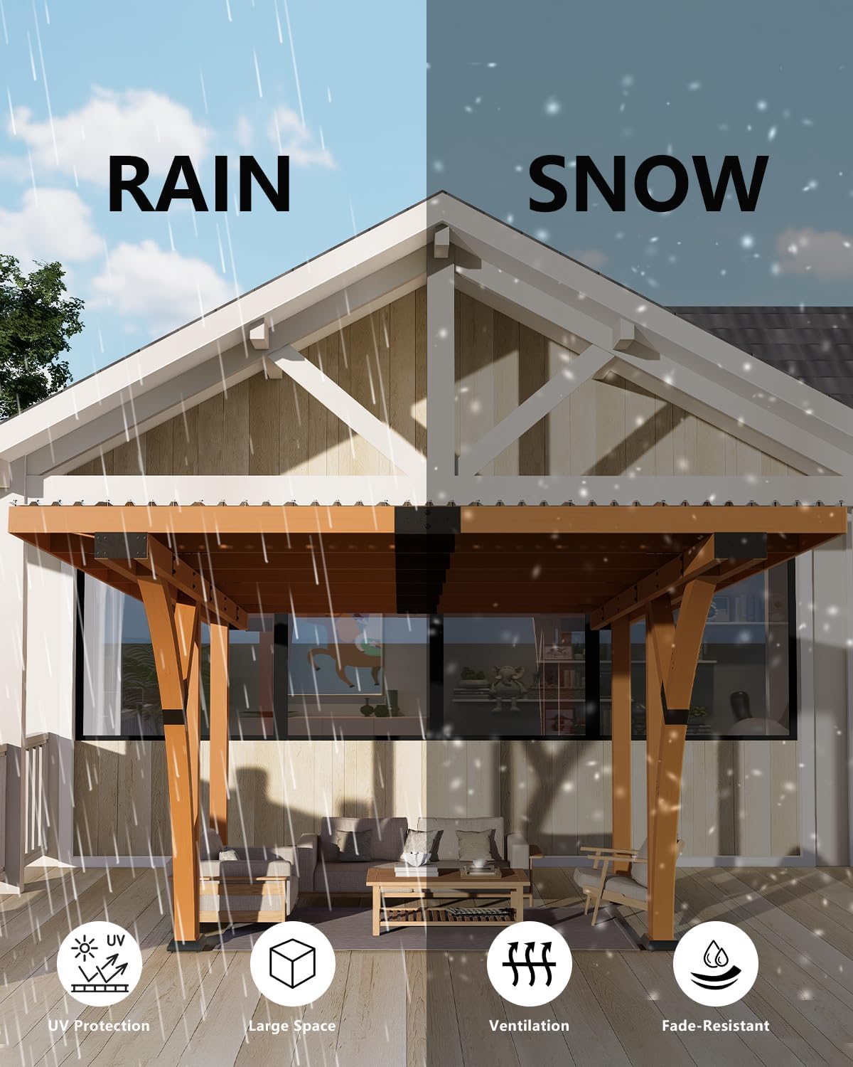 18.3 x 12.6 x 7.7 FT Curved Carport, Wood Outdoor Gazebo Pavilion with Hardtop Sloped Steel Roof, Heavy Duty Waterproof Car Port for Backyard, Patio, Deck and Lawn