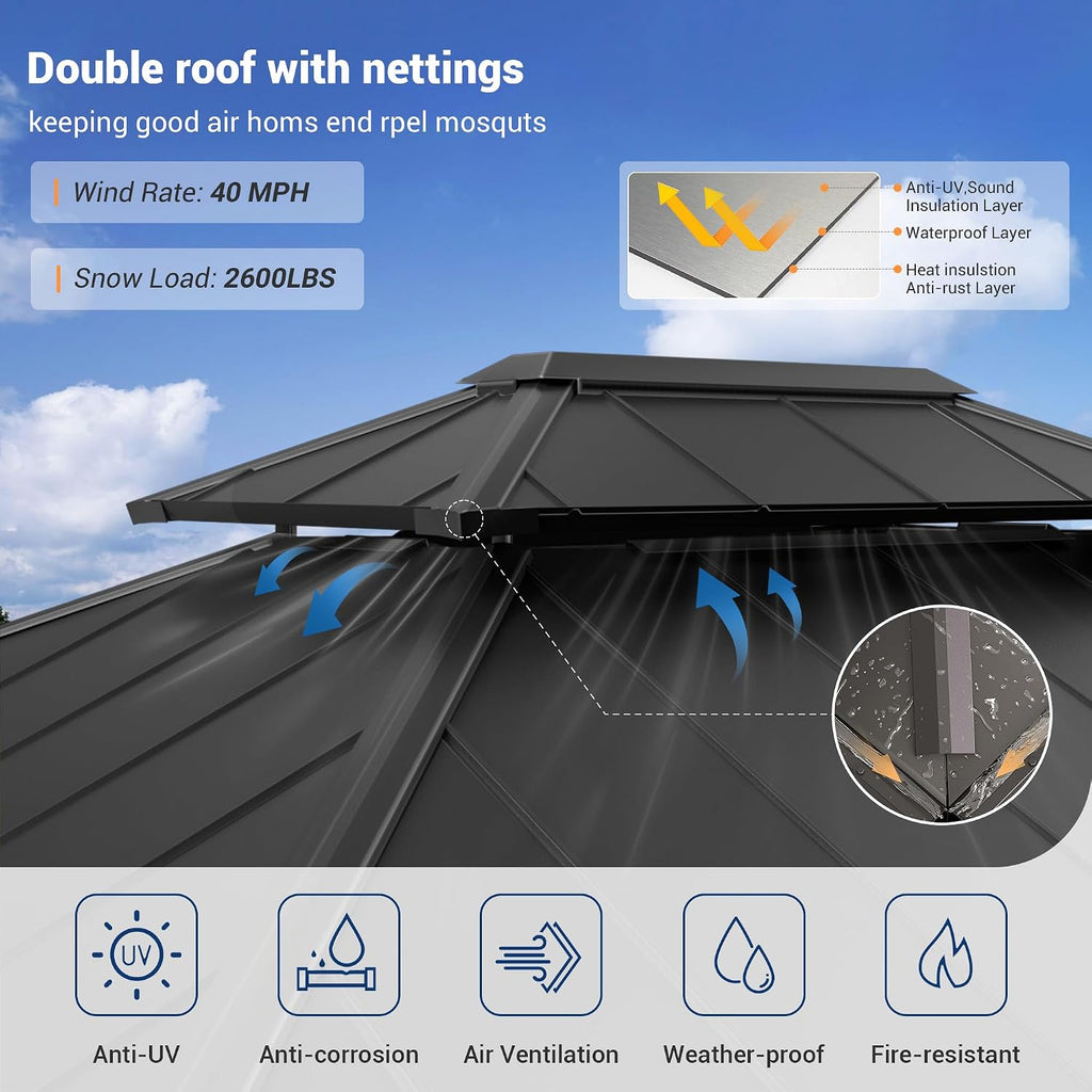 Amopatio 12' X 16' Hardtop Gazebo, Aluminum Gazebo with Double Galvanized Steel Roof, Curtains and Netting Included,Outdoor Metal Pergola for Patios, Garden, Parties, Lawns, Gray