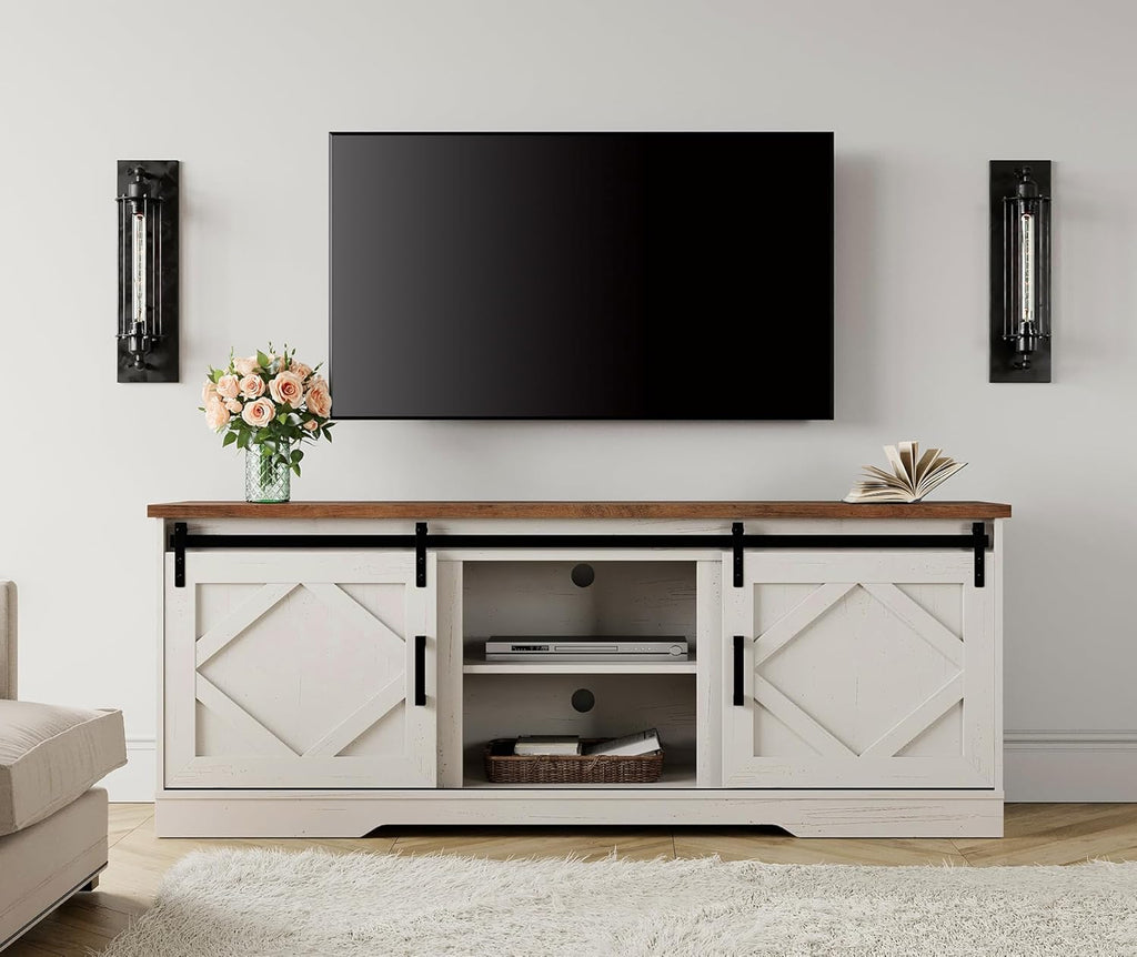 WAMPAT Modern Farmhouse TV Stand for TVs up to 75' with Sliding Barn Doors, 25.6' H Wood Entertainment Center with Adjustable Media Storage Shelf for Living Room, Antique White