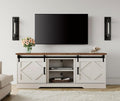 WAMPAT Modern Farmhouse TV Stand for TVs up to 75' with Sliding Barn Doors, 25.6' H Wood Entertainment Center with Adjustable Media Storage Shelf for Living Room, Antique White