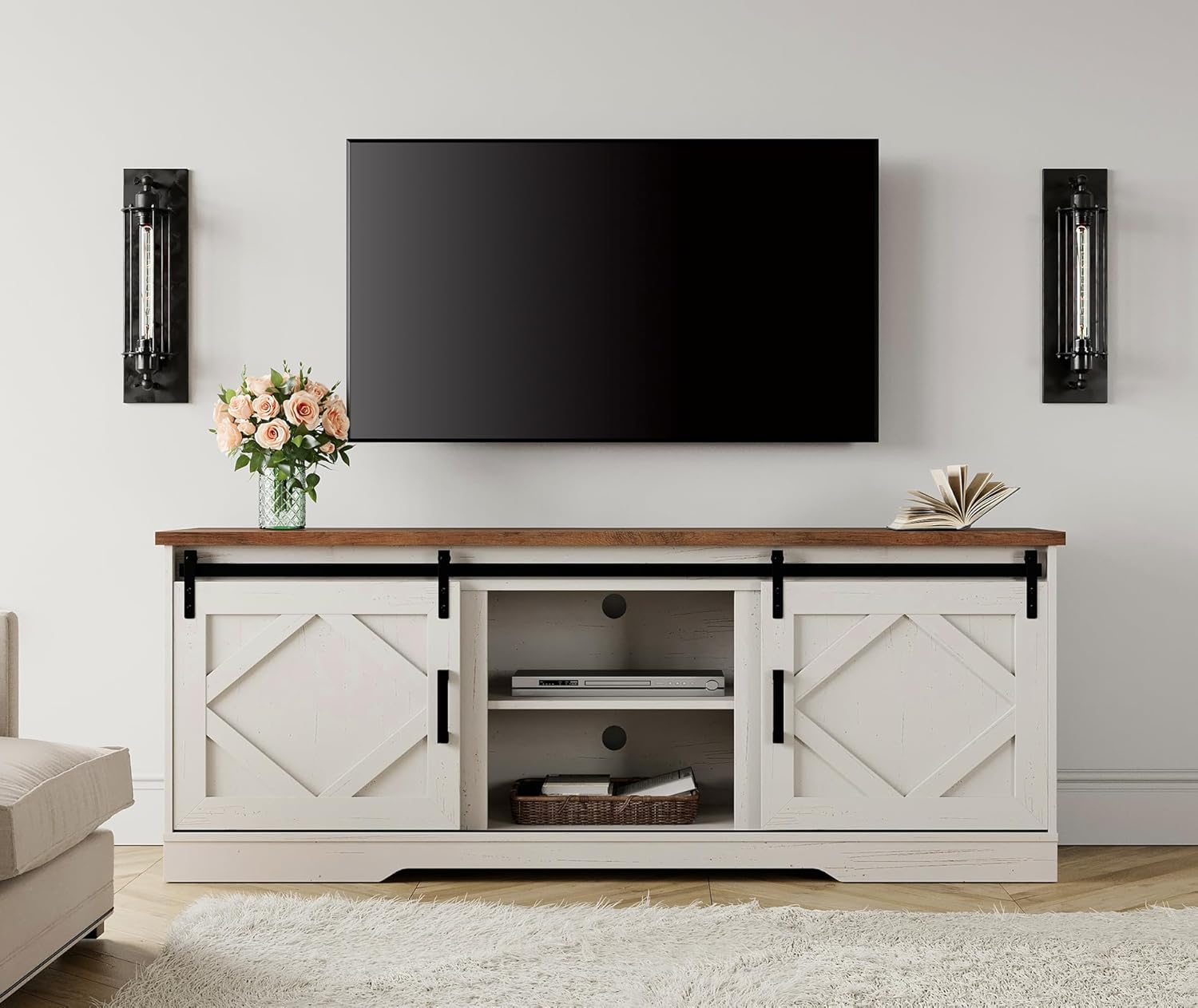 WAMPAT Modern Farmhouse TV Stand for TVs up to 75' with Sliding Barn Doors, 25.6' H Wood Entertainment Center with Adjustable Media Storage Shelf for Living Room, Antique White