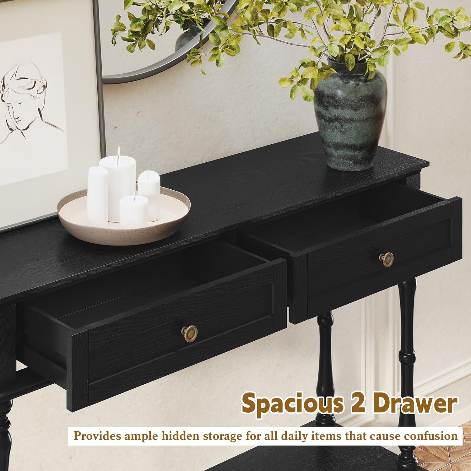 ARTPOWER Console Table for Entryway with 2 Drawers-Minimal Assembly,Retro Entryway Tables with Storage Cabinets and Open Shelf,Narrow Long Couch Table Behind Sofa for Living Room,Foyer,Hallway,Black