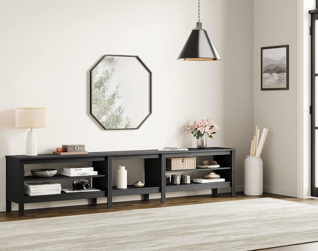 WAMPAT Farmhouse TV Stand for 85 Inch TV, Wood Entertainment Center for 80 90 100 inch TV Console Media Table with 5 Cubby Storage for Living Room Bedroom, Black