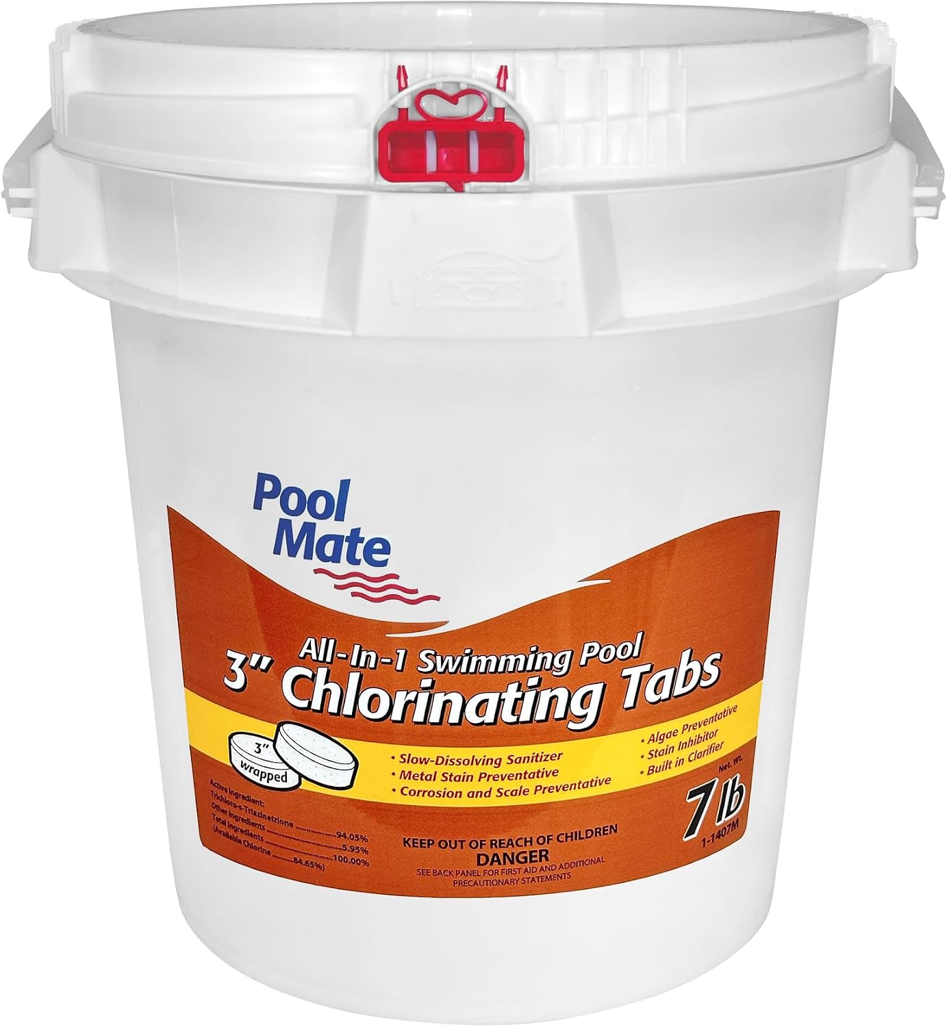 Pool Mate 7-Pounds All-in-1 Swimming Pool 3 Inch Chlorinating Tabs, Chlorine Tablets 3 Inch, Sanitizer, Clarifier, Stain Inhibitor, Algae Control, Descaler, Sunlight Protector All in One, Made in USA