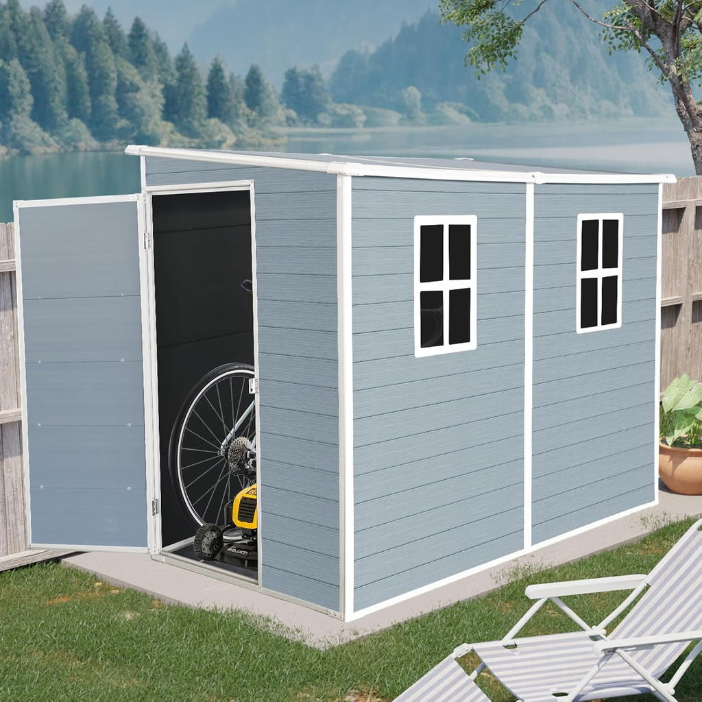 4x8 ft Outdoor Resin Storage Shed with Floor and 2 Windows, Waterproof Plastic Garden Shed with Lockable Door and Air Vents, All-Weather Tool Sheds for Backyard, Patio, Lawn (Grey)