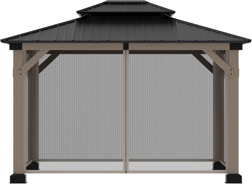 Cedar Wood Gazebo 10x12Ft Hardtop Gazebo with Netting, Outdoor Permanent Gazebo Pergola with Galvanized Steel Double Roof Pavilion for Patio Lawn Garden