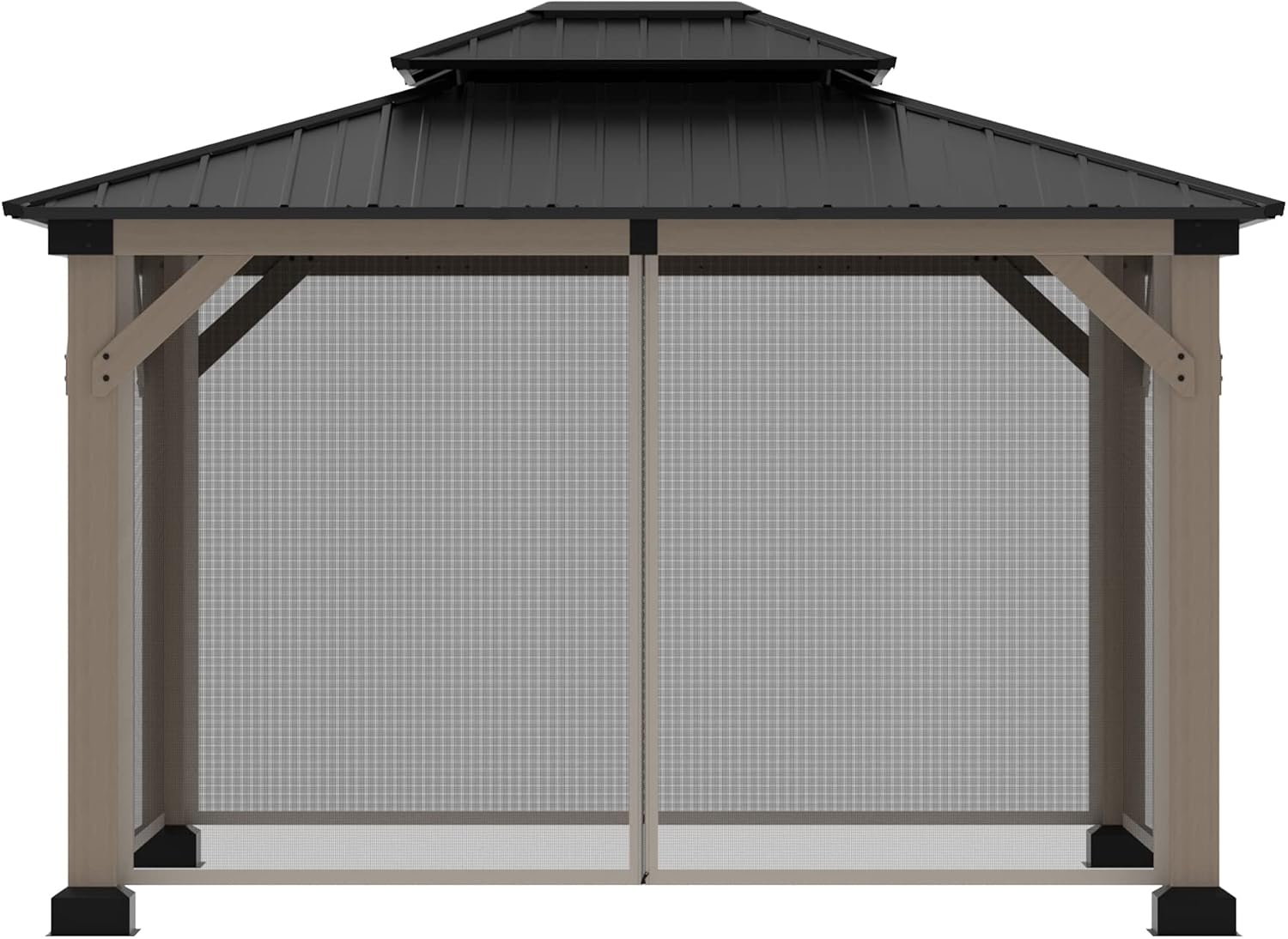 Cedar Wood Gazebo 10x12Ft Hardtop Gazebo with Netting, Outdoor Permanent Gazebo Pergola with Galvanized Steel Double Roof Pavilion for Patio Lawn Garden