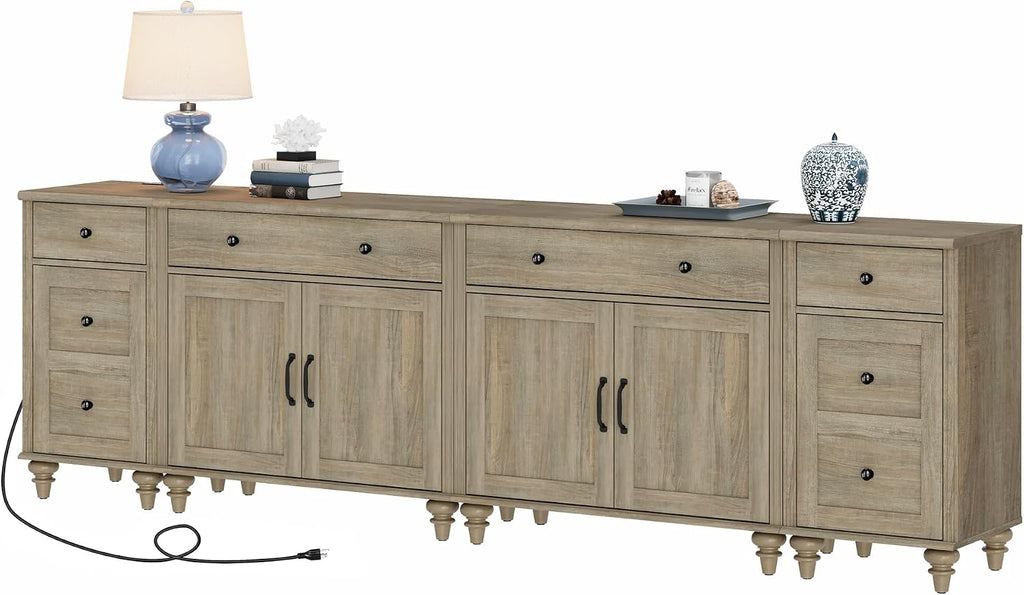 WAMPAT Farmhouse TV Stand for 100 Inch TV, 4-in-1 TV Console Table for 75/80/85/90 Inch TV, Entertainment Center with Charging Station, Kitchen Sideboard Buffet Cabinet for Dining Room, Wash Grey