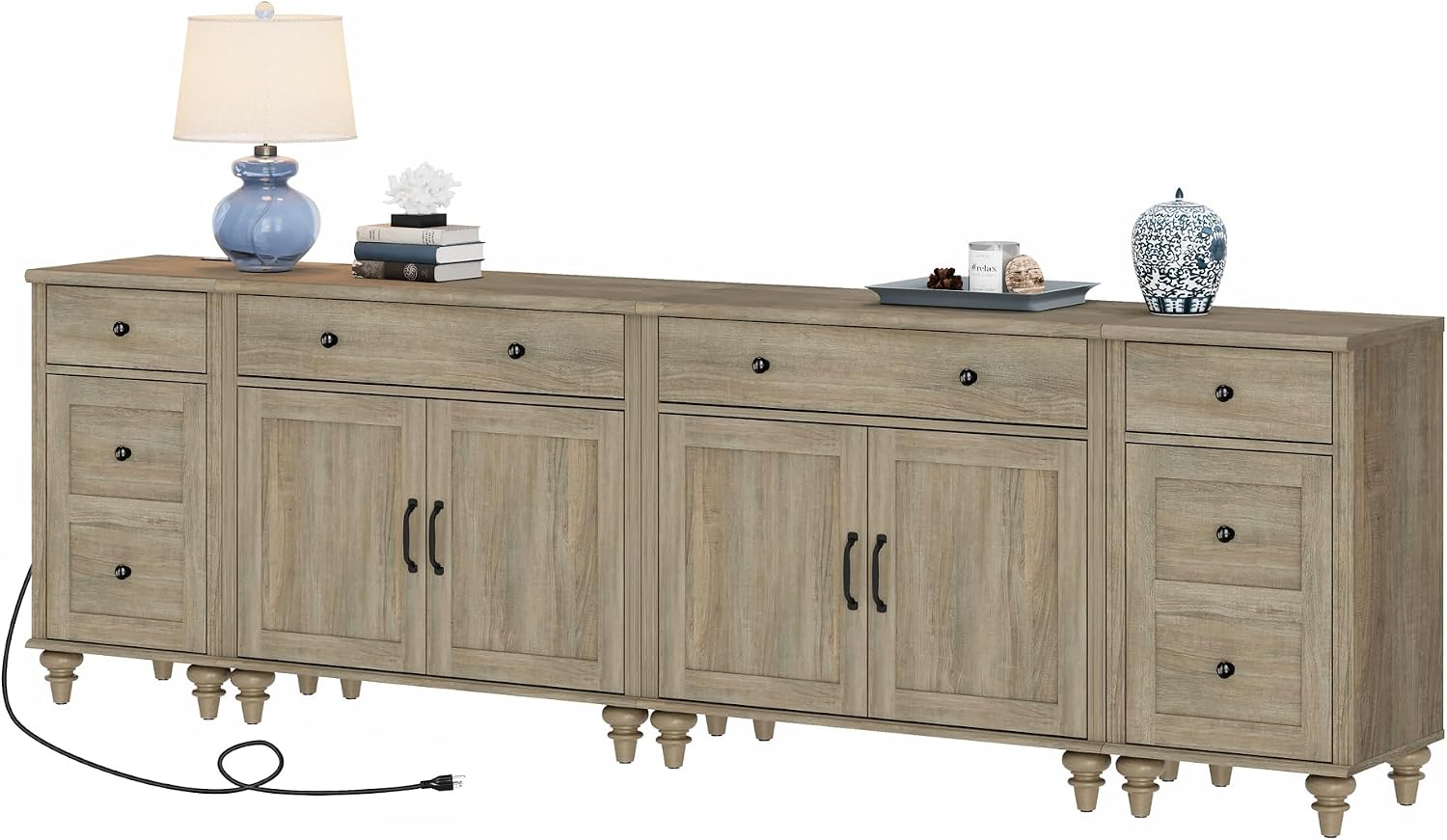 WAMPAT Farmhouse TV Stand for 100 Inch TV, 4-in-1 TV Console Table for 75/80/85/90 Inch TV, Entertainment Center with Charging Station, Kitchen Sideboard Buffet Cabinet for Dining Room, Wash Grey