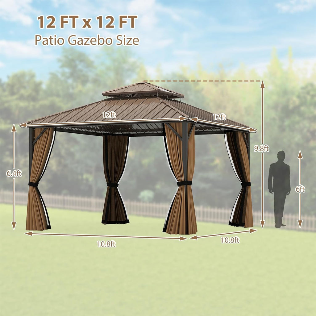 Tangkula 12x12 FT Hardtop Gazebo, Aluminum Frame Permanent Pavilion with Curtains, Netting, Heavy-Duty Double-Tier Galvanized Metal Roof, Outdoor Gazebo for Patios Garden Deck Lawn Backyard