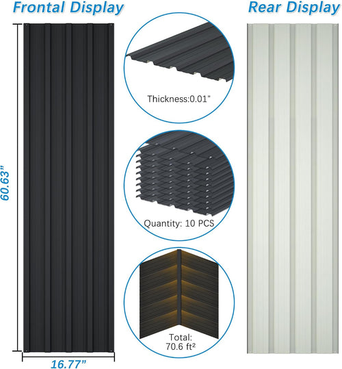10 pcs Metal Roofing Panels 5ft Length Galvanized Steel Corrugated Roof Panels Gazebo Top Cover Garages,Sheds, Stables and Mobile Homes Replacement for Patio Outdoor Garden, Black