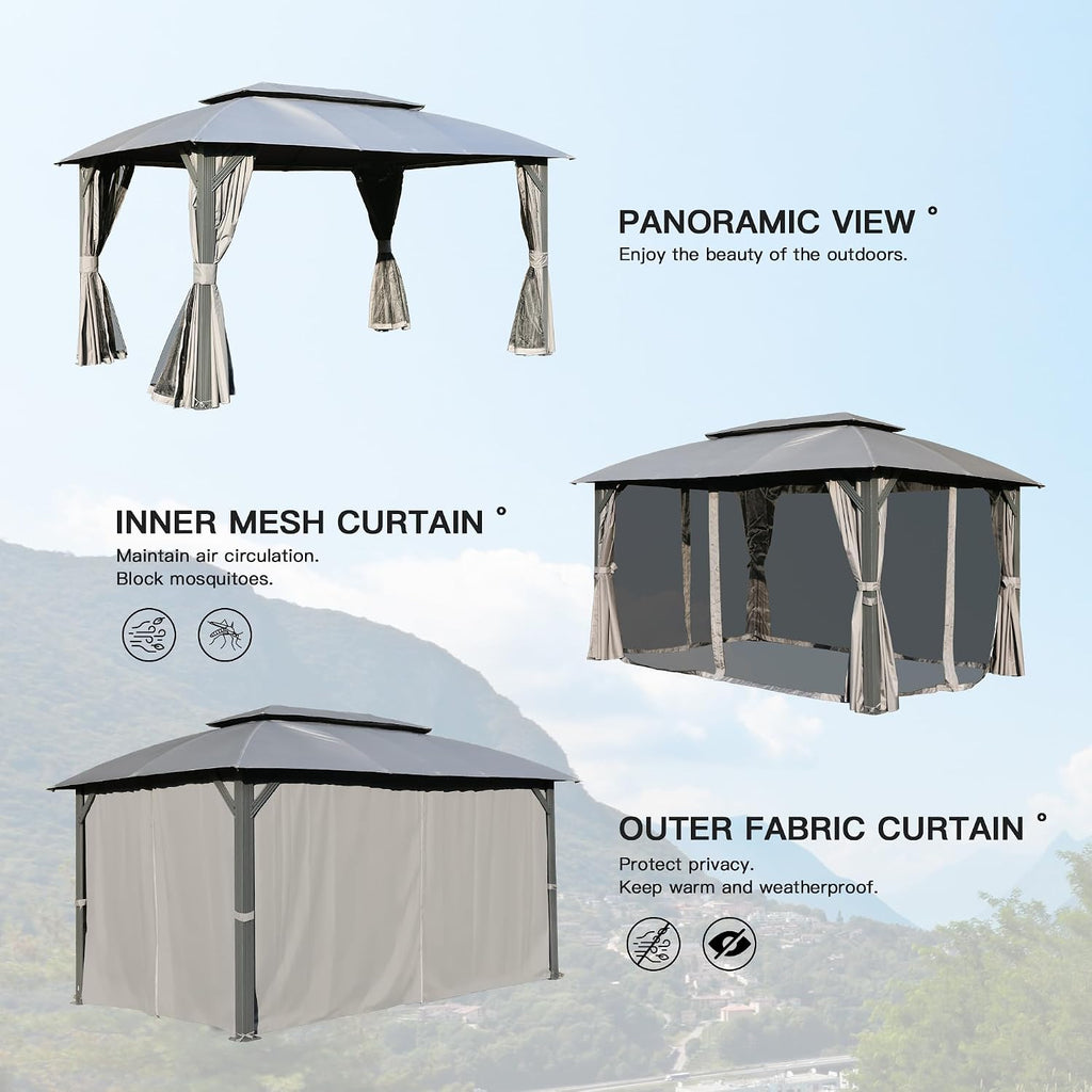 Domi Gazebo 10x14FT, Outdoor Gazebo with Double Roofs, Privacy Curtains, Mosquito Nettings, Heavy Duty Metal Frame Party Tent Canopy for Patio, Backyard, Deck, Lawn, Grey
