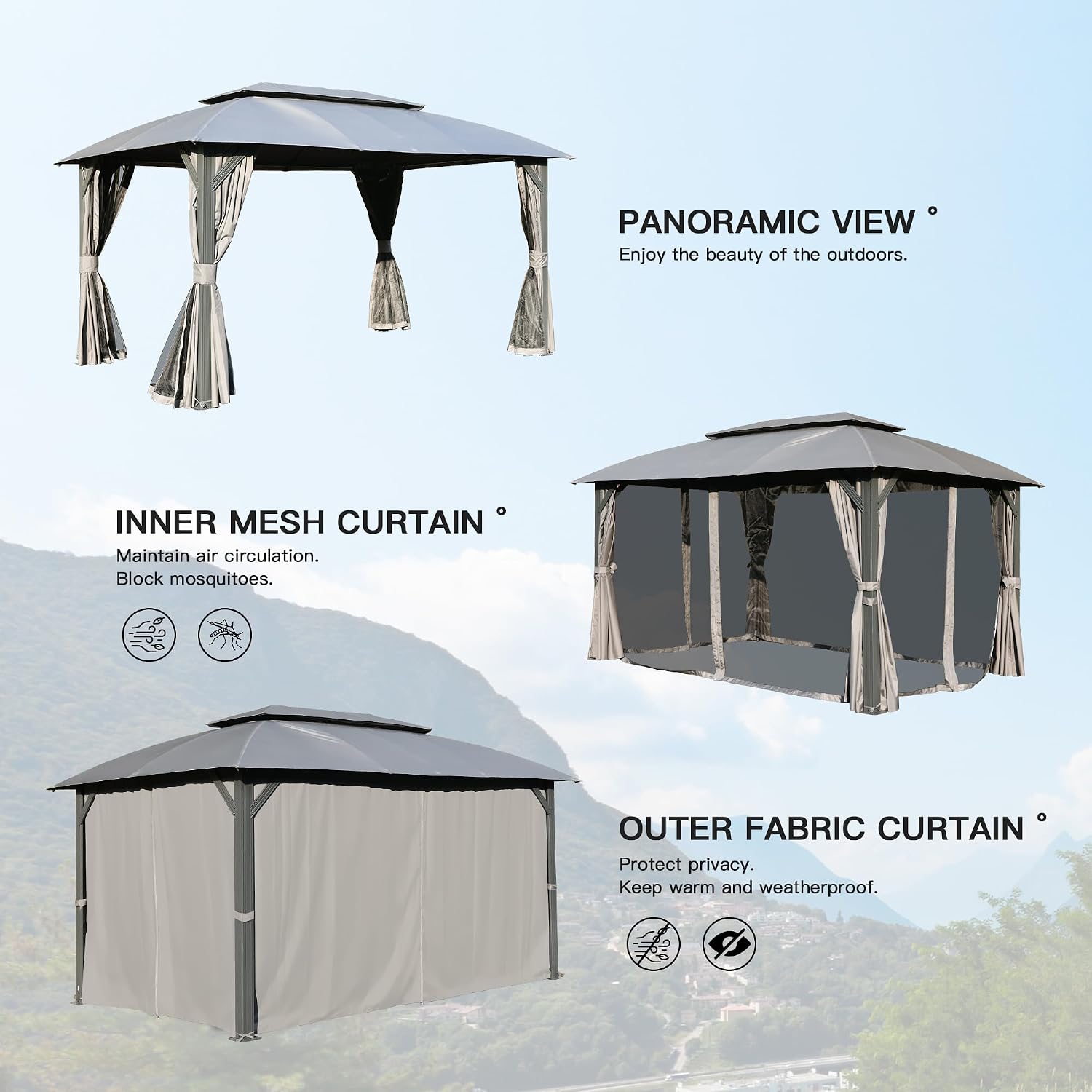 Domi Gazebo 10x14FT, Outdoor Gazebo with Double Roofs, Privacy Curtains, Mosquito Nettings, Heavy Duty Metal Frame Party Tent Canopy for Patio, Backyard, Deck, Lawn, Grey