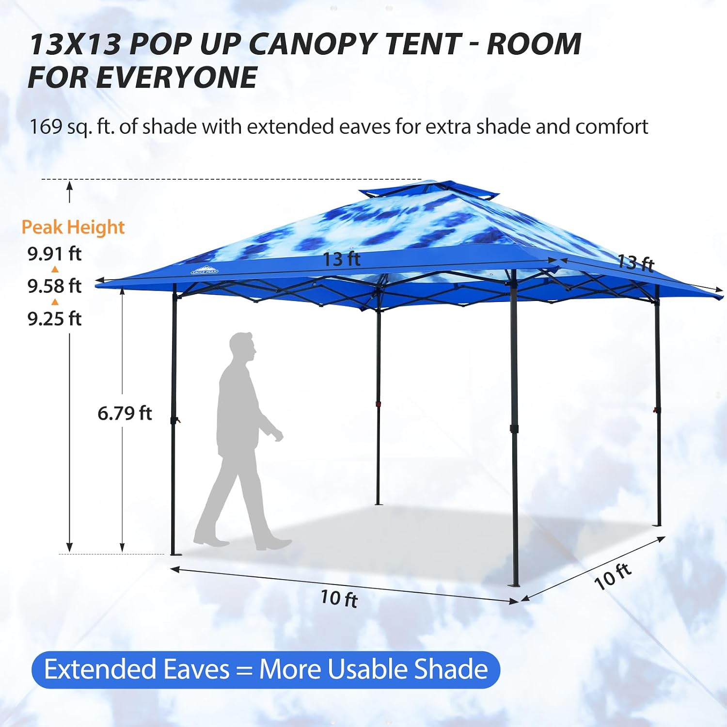 EAGLE PEAK 13x13 Straight Leg Pop Up Canopy Tent Instant Outdoor Canopy Easy Single Person Set up Folding Shelter w/Auto Extending Eaves 169 Square Feet of Shade (Tie Dye Blue)
