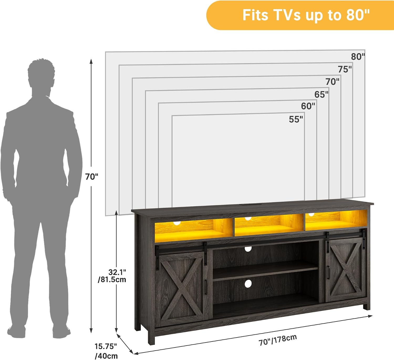 Vinctik 6&Fox 70in Wooden Farmhouse Entertainment Center for 80/75 inch TV,Double Layer Storage Farmhouse TV Stand,Double-Row Sockets with Wood Sliding Barn Door TV Stand(Double Layer Grey Wash)