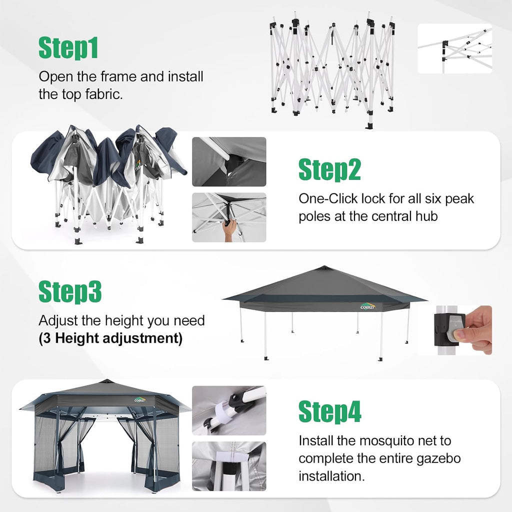 COBIZI 16x16 Pop Up Gazebo Tent with Mosquito Netting, Gazebos on Clearance, Hexagonal Outdoor Canopy Shelter, Patented Center Lock 6-Sided Portable Gazebos, Pop Up Canopy Tent for Backyard, Gray