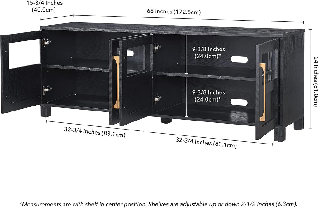 Henn&Hart TV Stand for TVs up to 75' with 2 Glass and Wood Split Panel Display Cabinets for Living Room, Family Room, or Office, Natural Black