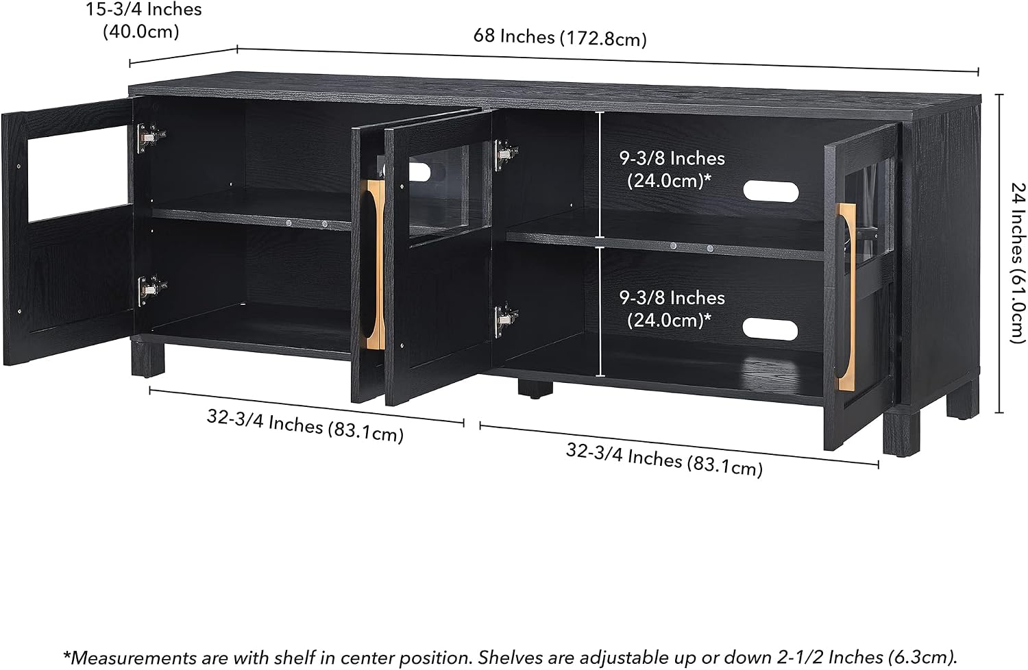Henn&Hart TV Stand for TVs up to 75' with 2 Glass and Wood Split Panel Display Cabinets for Living Room, Family Room, or Office, Natural Black