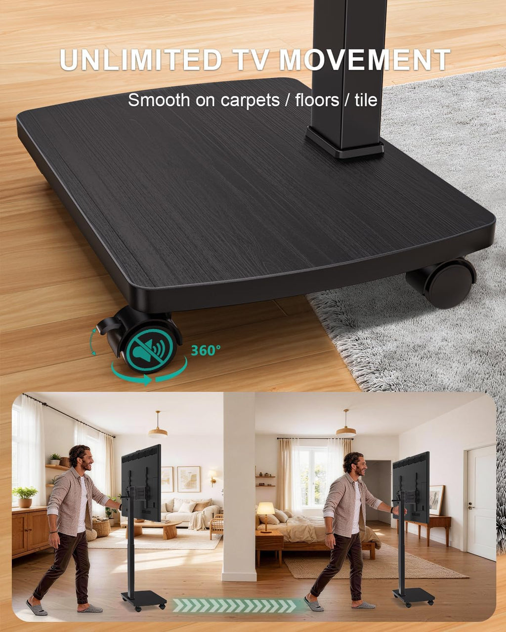 WALI Rolling TV Stand with Hand Crank Lift, Mobile Tall Television Stand Mount on Wheels for 30-70' TVs up to 110 lbs, Swivel Height Adjustable TV Cart with Wood Base for Bedroom(TVDVD-7MR), Black