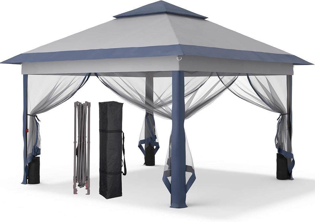 GDY 11x11FT Patio Gazebo with Mosquito Netting, Double Top with 4-Sangbags, Garden, Yard, Grassland, Grey and Navy Blue.